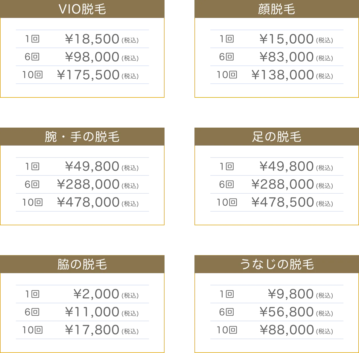 VIO脱毛・顔脱毛料金表